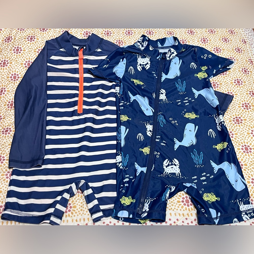 Carter's Blue and White Rashguard Swim Set with Nautical Theme